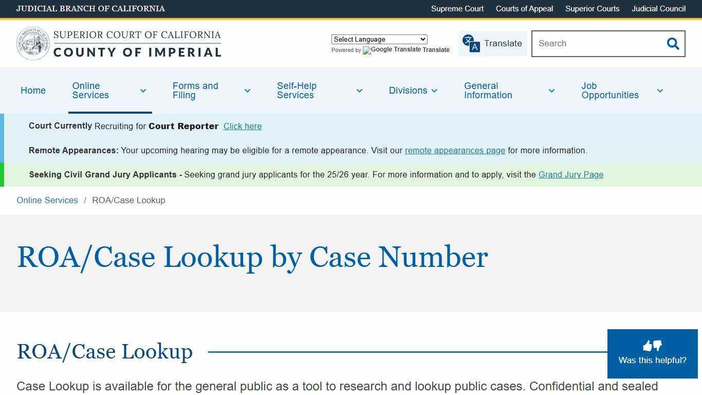 ROA/Case Lookup Superior Court of California County of Imperial